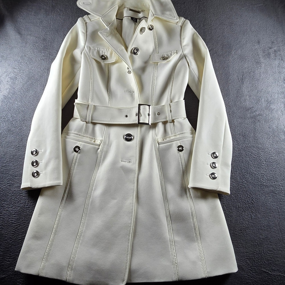 White House Black Market Belted Trench Coat Off White Silver Hardware XS
